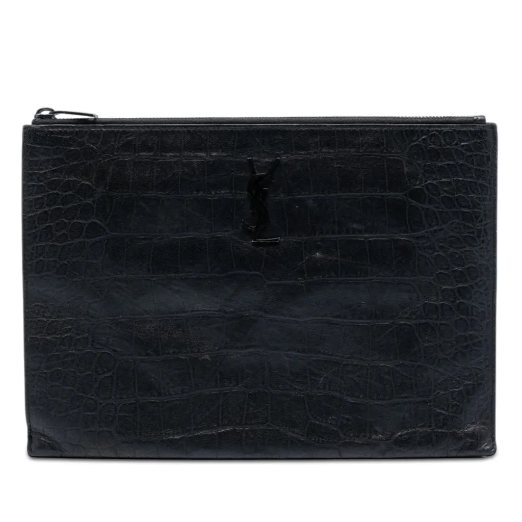 Saint Laurent Croc Embossed Leather Monogram Document Holder Black Leather Very good - Front View