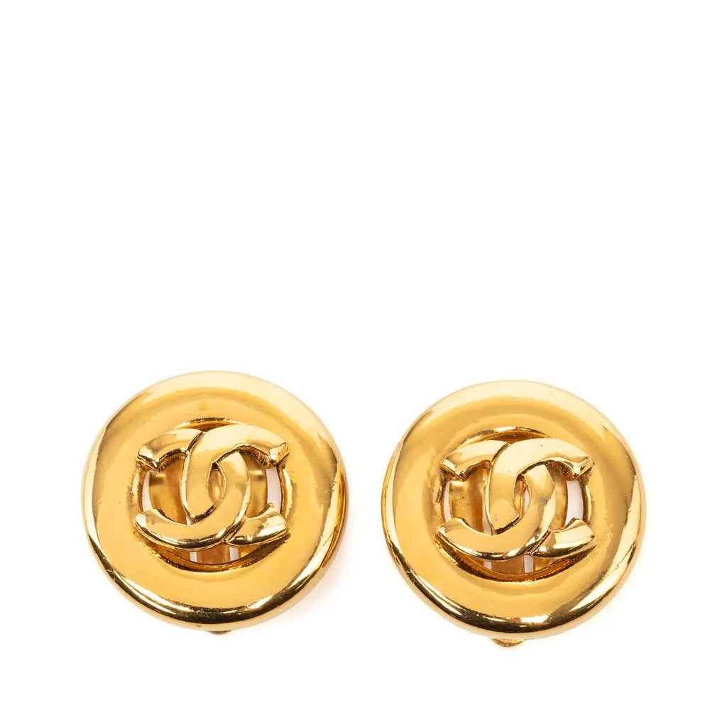 Chanel CC Gold Plated Button Clip On Earrings Gold Metal Very good - Front View