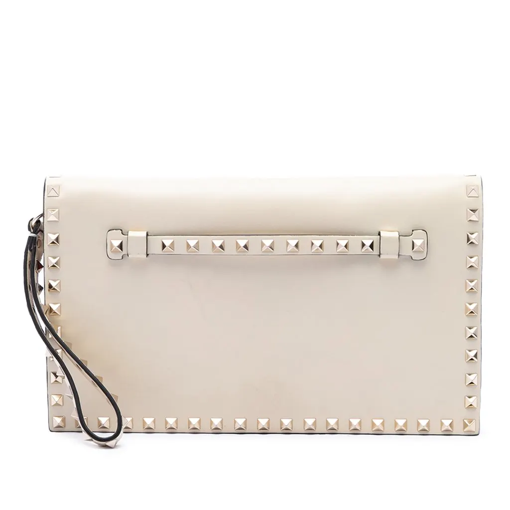 Valentino Leather Rockstud Flap Clutch White Leather Very good - Front View