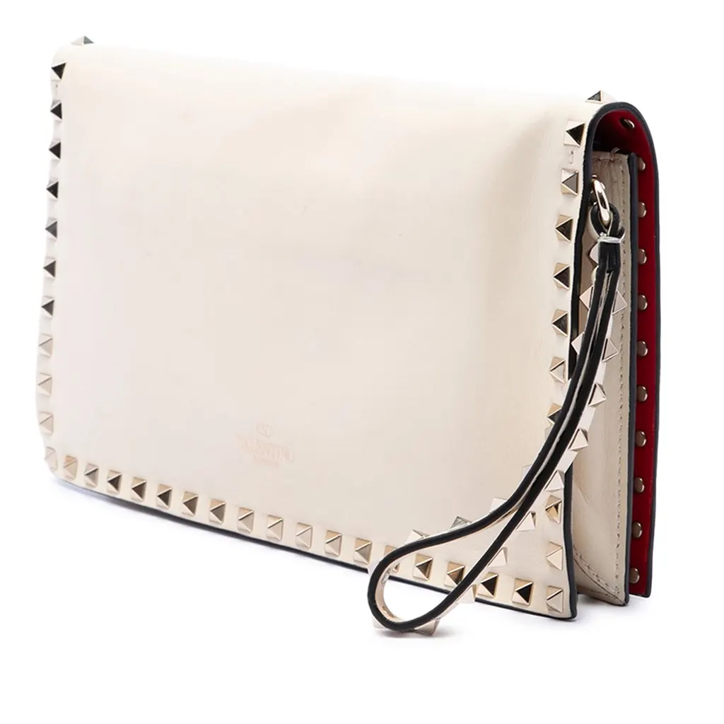 Valentino Leather Rockstud Flap Clutch White Leather Very good - Back View