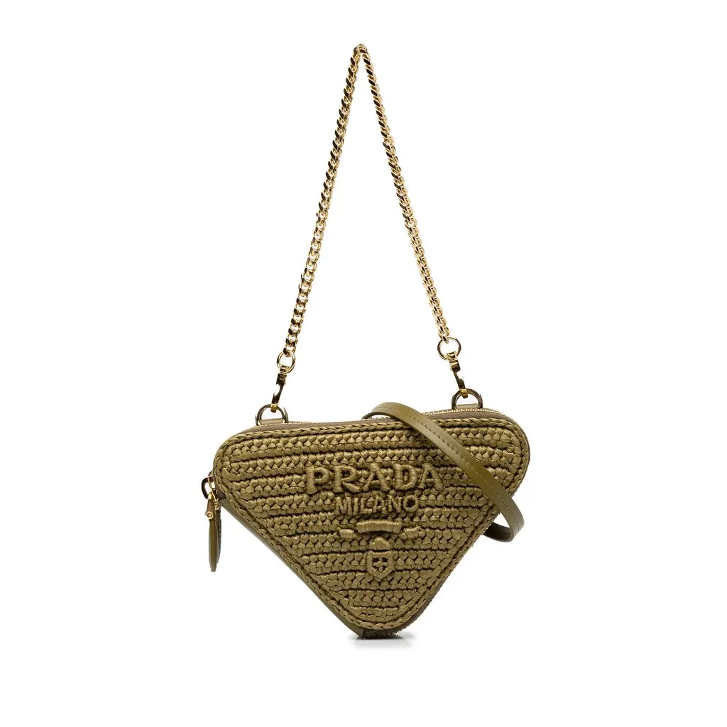 Prada Mini Raffia Crochet Logo Embroidered Triangle Pouch Green Rattan Very good - Front View