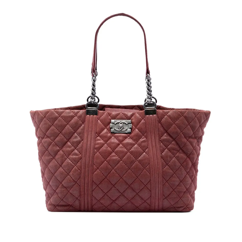 Chanel Quilted Iridescent Calfskin Gentle Boy Tote Red Leather Very good - Front View