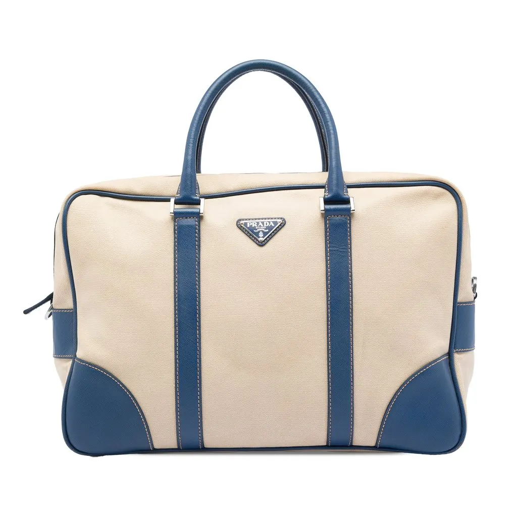 Prada Saffiano Trimmed Canvas Briefcase Beige Very good - Front View