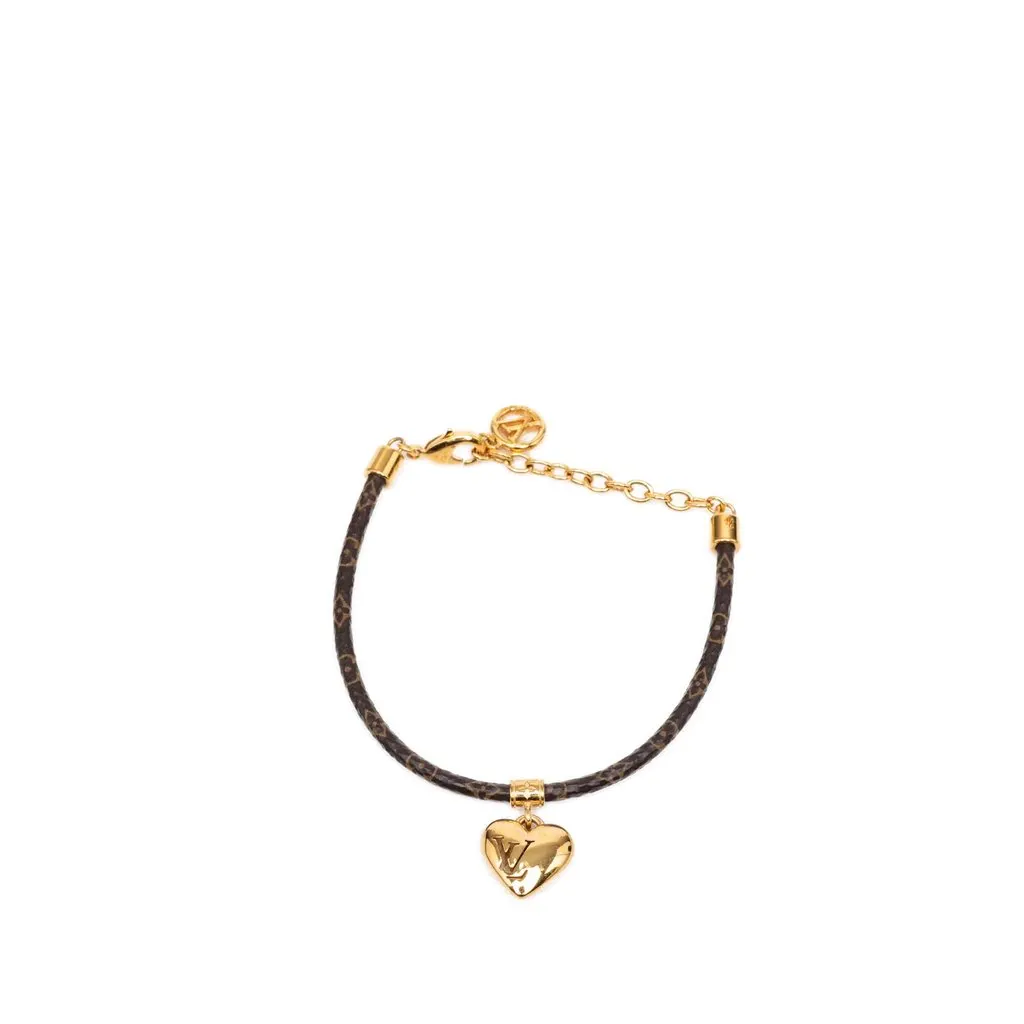 Louis Vuitton Monogram and Gold Plated Blooming Heart Charm Bracelet Brown Very good - Front View
