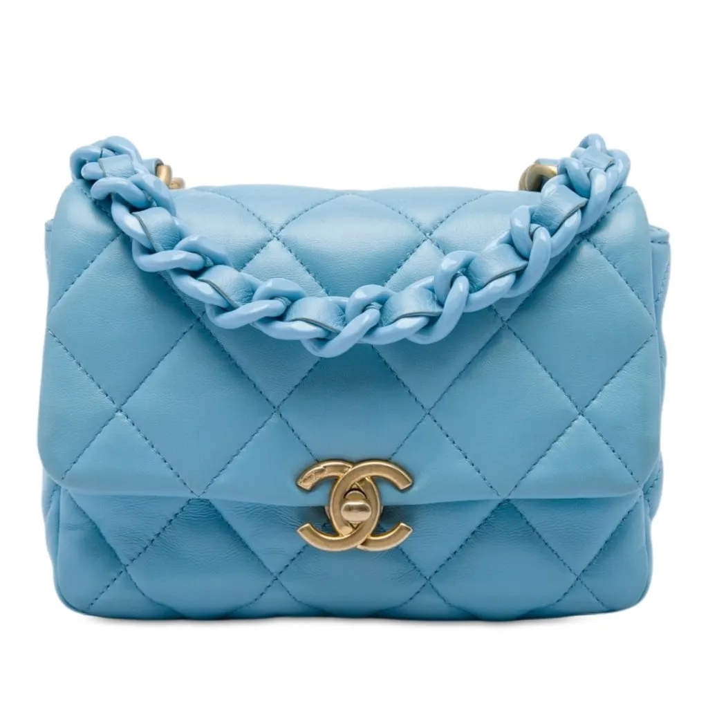 Chanel Mini Quilted Lambskin Lacquered Chain Flap Blue Leather Very good - Front View