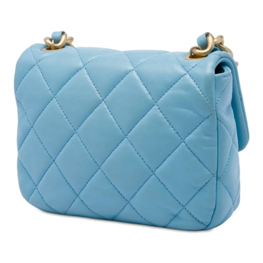 Chanel Mini Quilted Lambskin Lacquered Chain Flap Blue Leather Very good - Back View