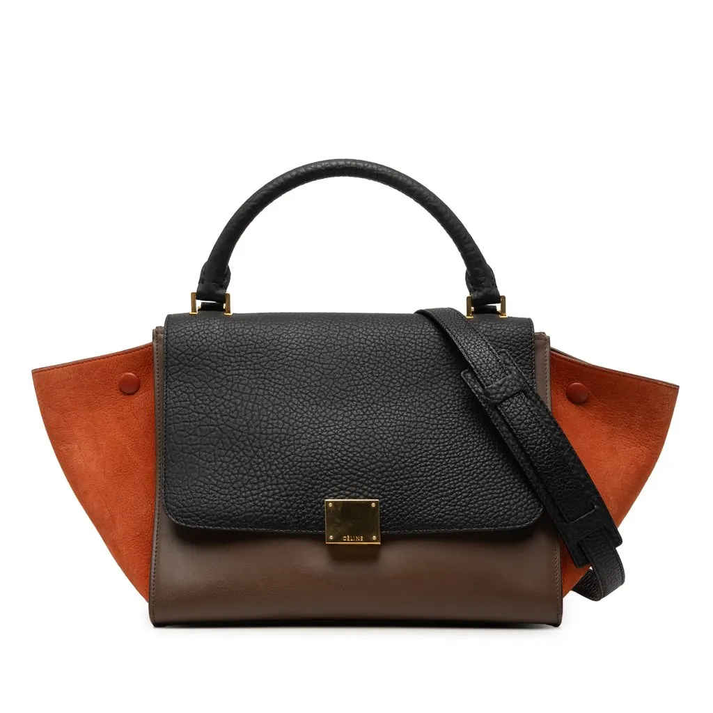 Celine Small Tricolor Leather Trapeze Satchel Brown Leather Very good - Front View
