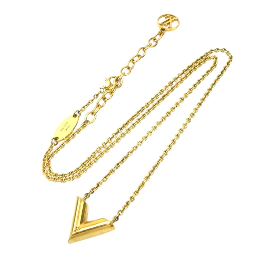 Louis Vuitton Gold Plated Essential V Necklace Gold Metal Good - Front View