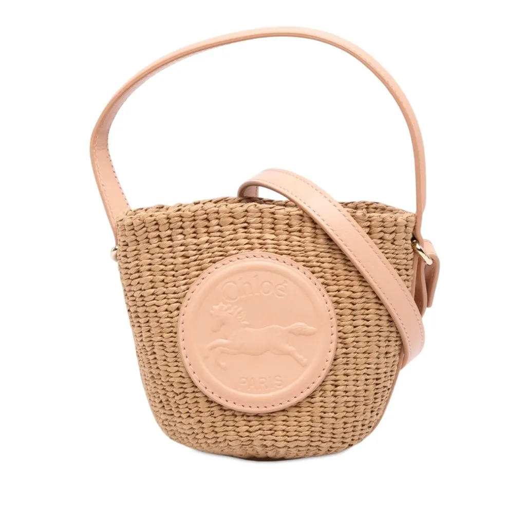 Chloé Mifuko Mini Raffia Horse Medal Basket Bag Beige Rattan Good - Front View