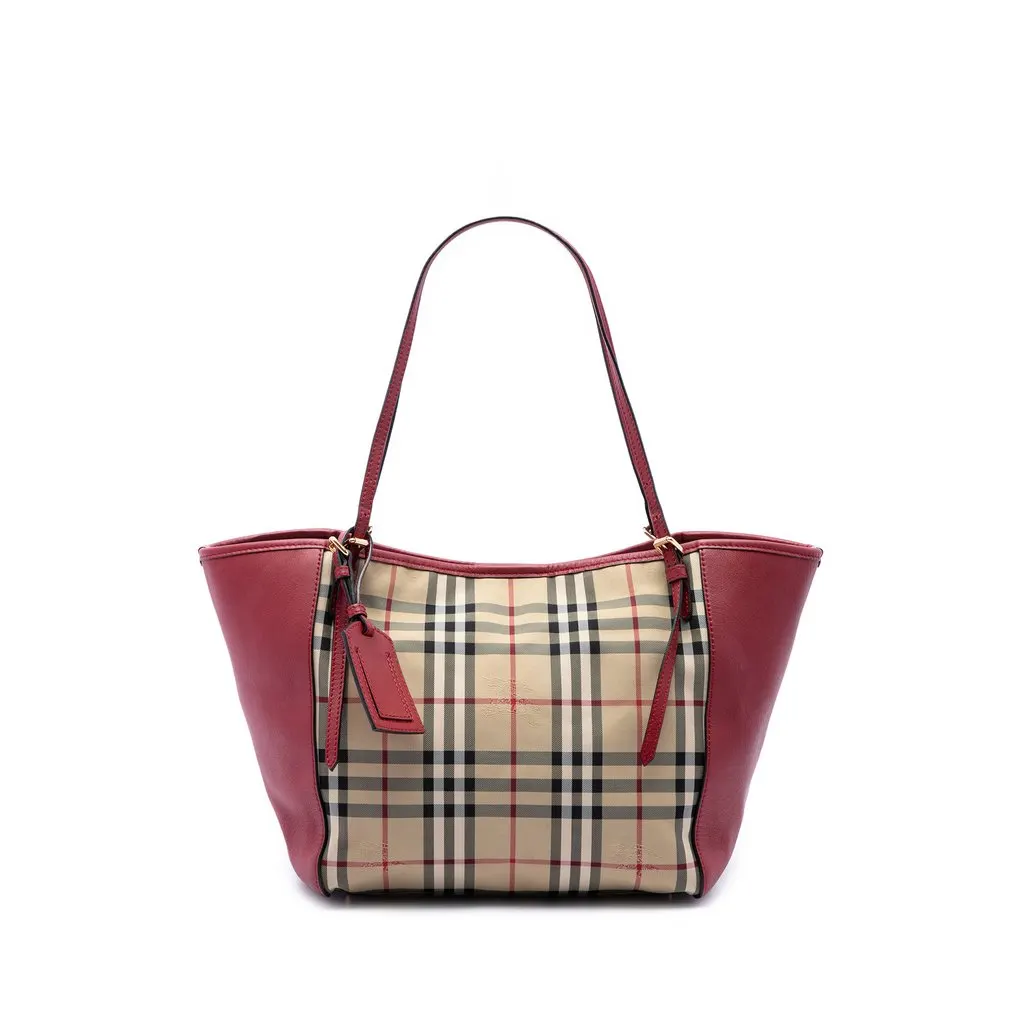 Burberry Small Haymarket Check Coated Canvas and Calfskin Canterbury Tote Beige Canvas Good - Front View