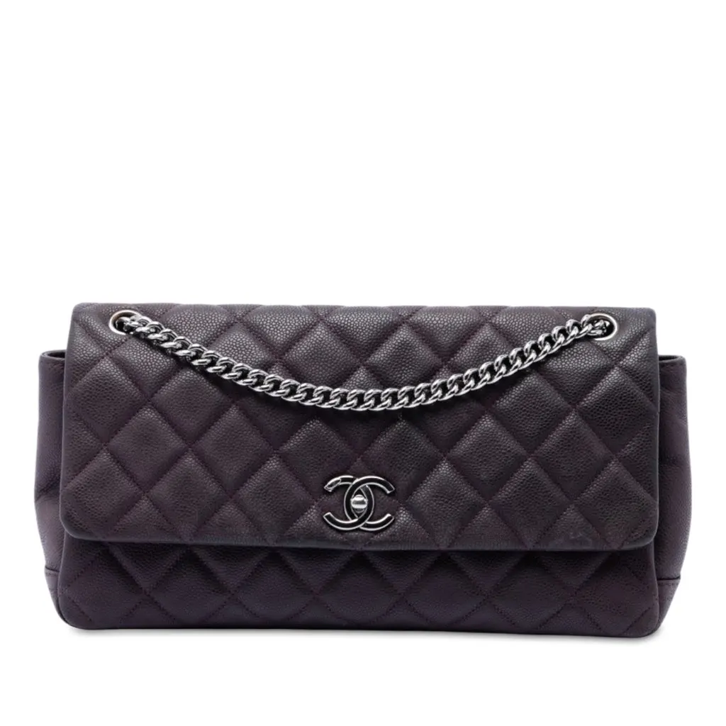 Chanel Matte Quilted Caviar Leather Lady Pearly Flap Purple Leather Very good - Front View