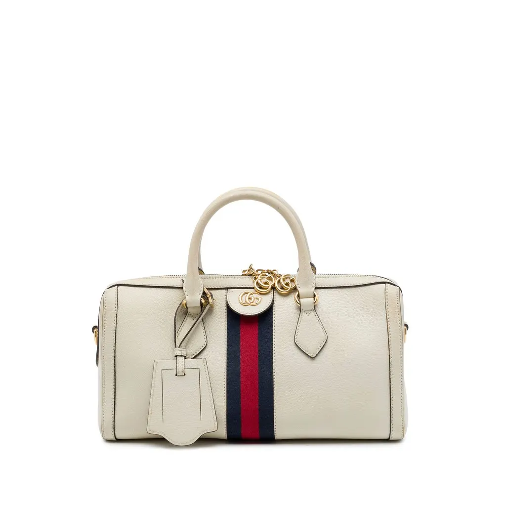 Gucci Medium Calfskin Web Ophidia Top Handle Bag White Leather Good - Front View