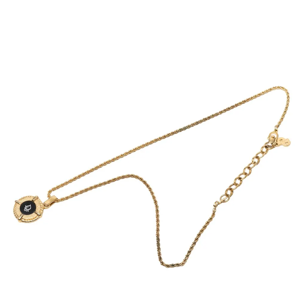 Dior Gold Plated Enamel Logo Round Pendant Necklace Gold Metal Very good - Front View