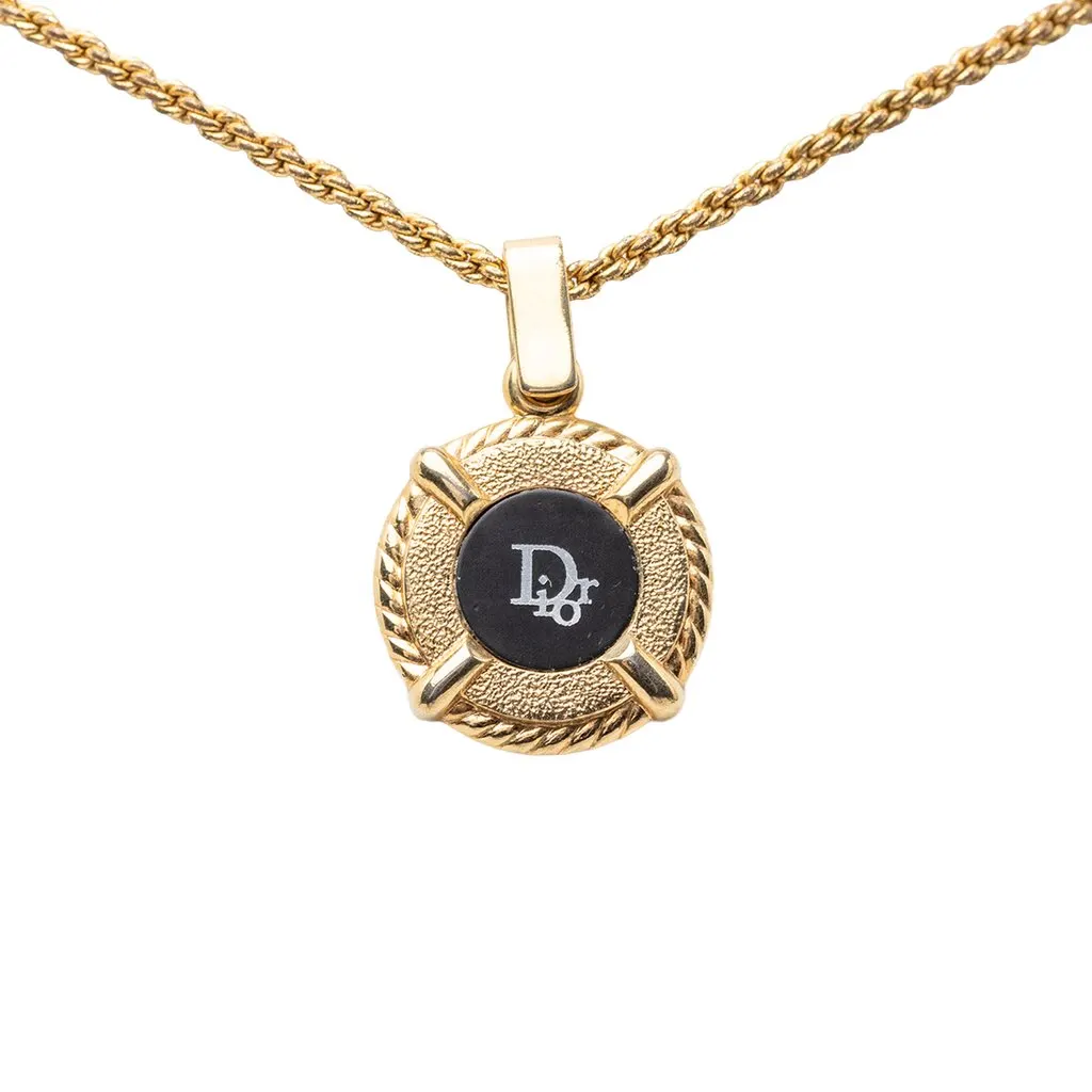 Dior Gold Plated Enamel Logo Round Pendant Necklace Gold Metal Very good - Back View