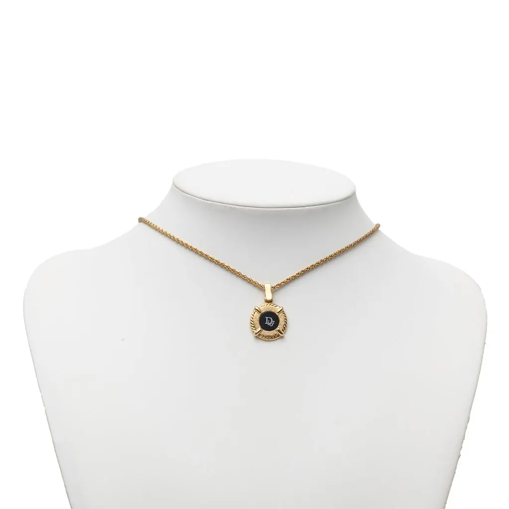 Dior Gold Plated Enamel Logo Round Pendant Necklace Gold Metal Very good - Box View