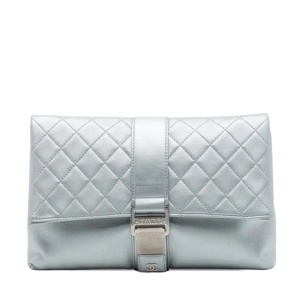 Chanel Quilted Lambskin Grip Clutch Silver Leather Very good - Front View
