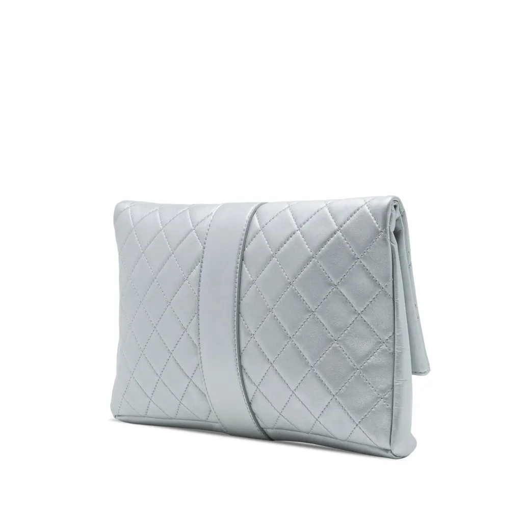 Chanel Quilted Lambskin Grip Clutch Silver Leather Very good - Back View