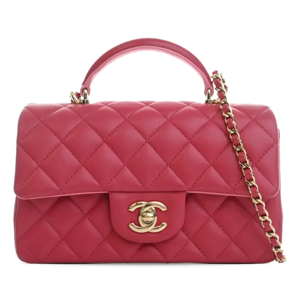 Chanel Mini Rectangular Classic Lambskin Top Handle Flap Red Leather Very good - Front View