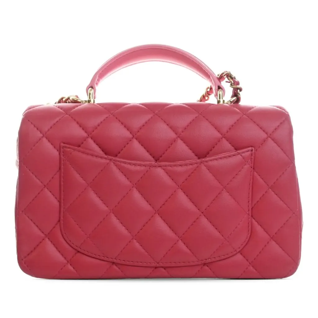 Chanel Mini Rectangular Classic Lambskin Top Handle Flap Red Leather Very good - Back View