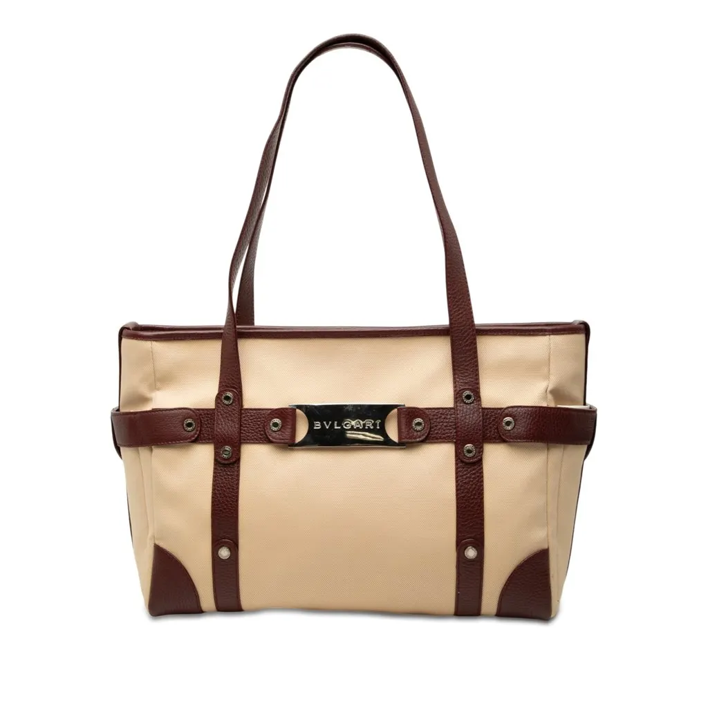 Bvlgari Leather Trimmed Canvas Tote Beige Very good - Front View