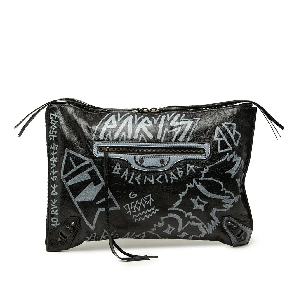 Balenciaga Lambskin Motocross Classic Graffiti All Over Zip Around Flat Clutch Black Leather Very good - Front View