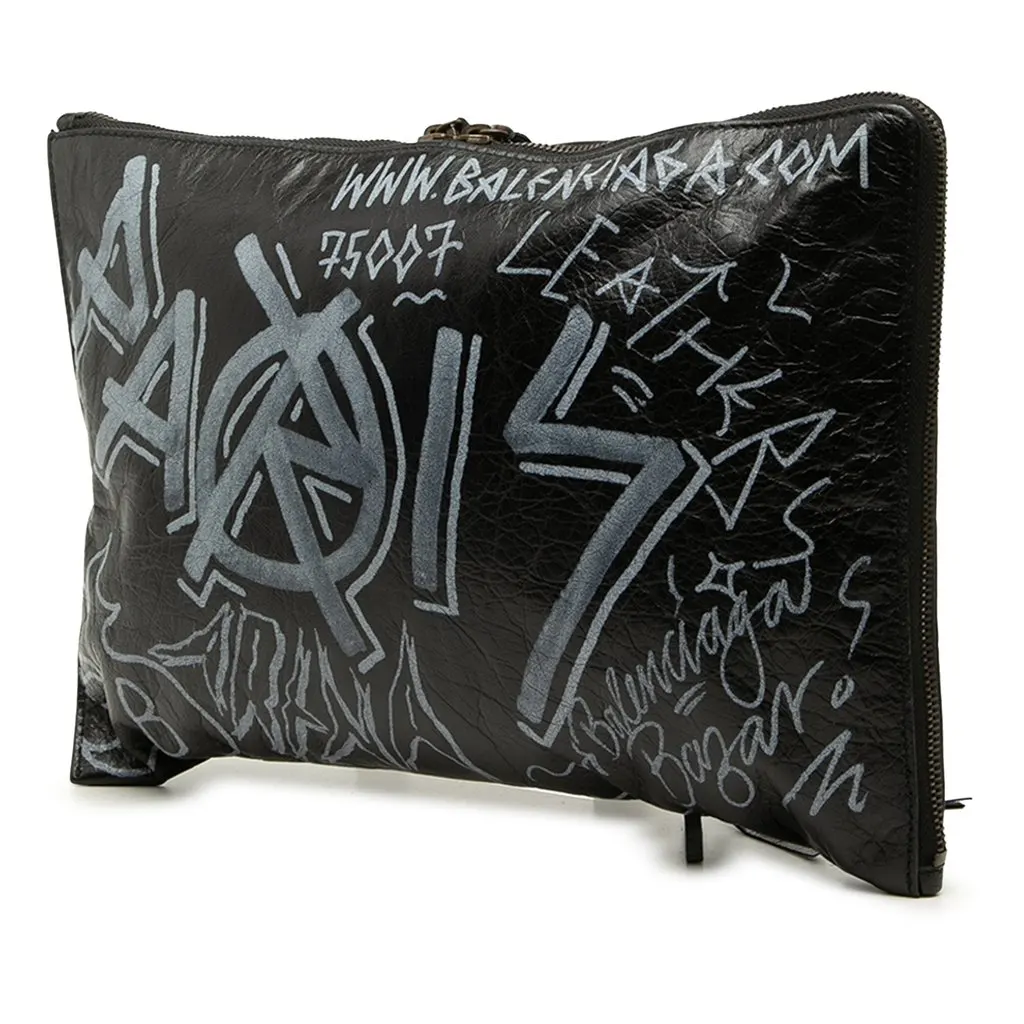 Balenciaga Lambskin Motocross Classic Graffiti All Over Zip Around Flat Clutch Black Leather Very good - Back View