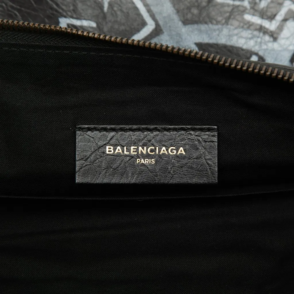 Balenciaga Lambskin Motocross Classic Graffiti All Over Zip Around Flat Clutch Black Leather Very good - Box View