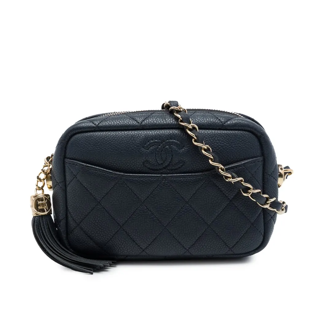 Chanel Mini Quilted Caviar Coco Tassel Camera Case Black Leather Very good - Front View