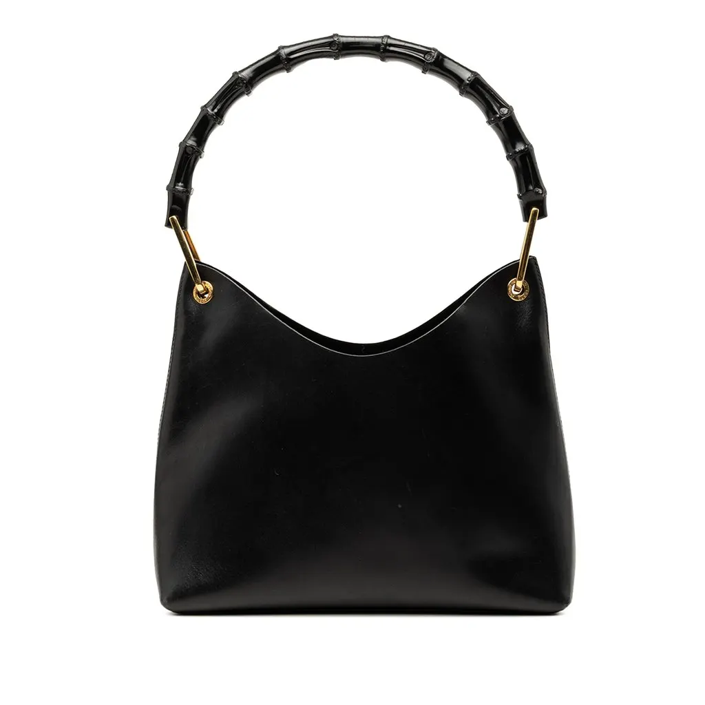 Gucci Calfskin Bamboo Shoulder Bag Black Leather Very good - Front View
