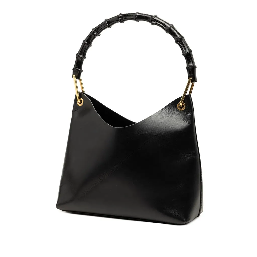 Gucci Calfskin Bamboo Shoulder Bag Black Leather Very good - Back View