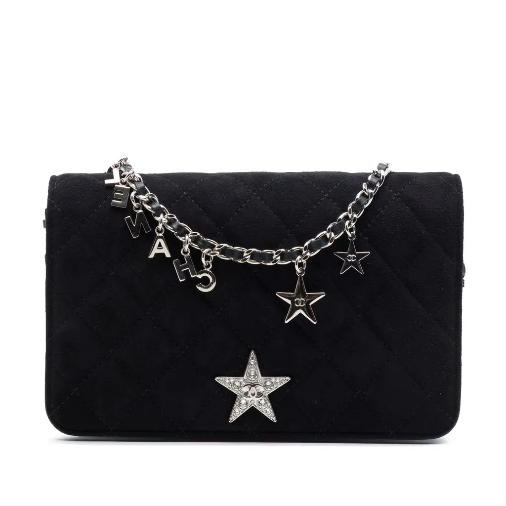 Chanel Quilted Suede Cocostellar Wallet on Chain Black Leather Very good - Front View