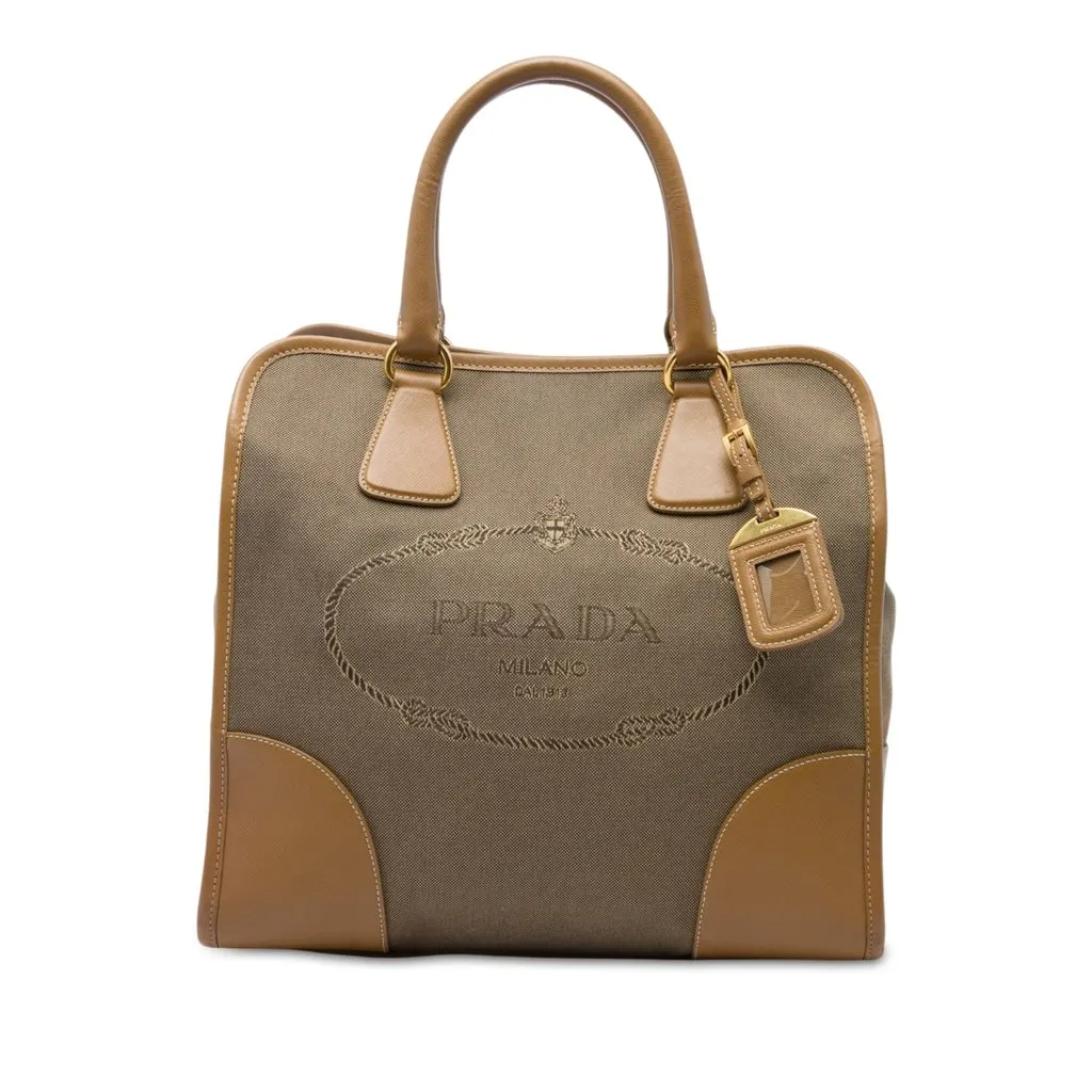 Prada Saffiano Trimmed Canvas Canapa Logo Satchel Brown Canvas Good - Front View
