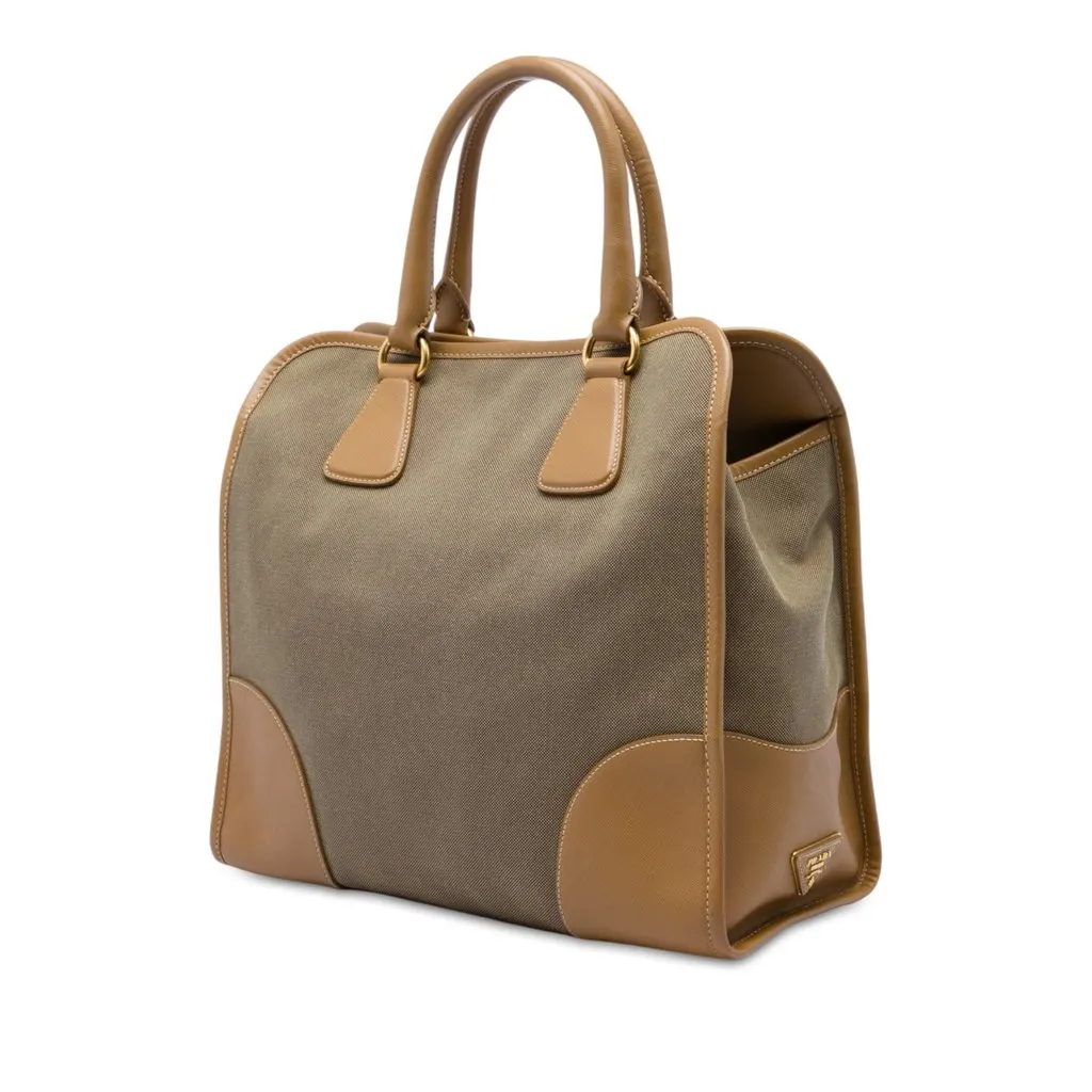 Prada Saffiano Trimmed Canvas Canapa Logo Satchel Brown Canvas Good - Back View