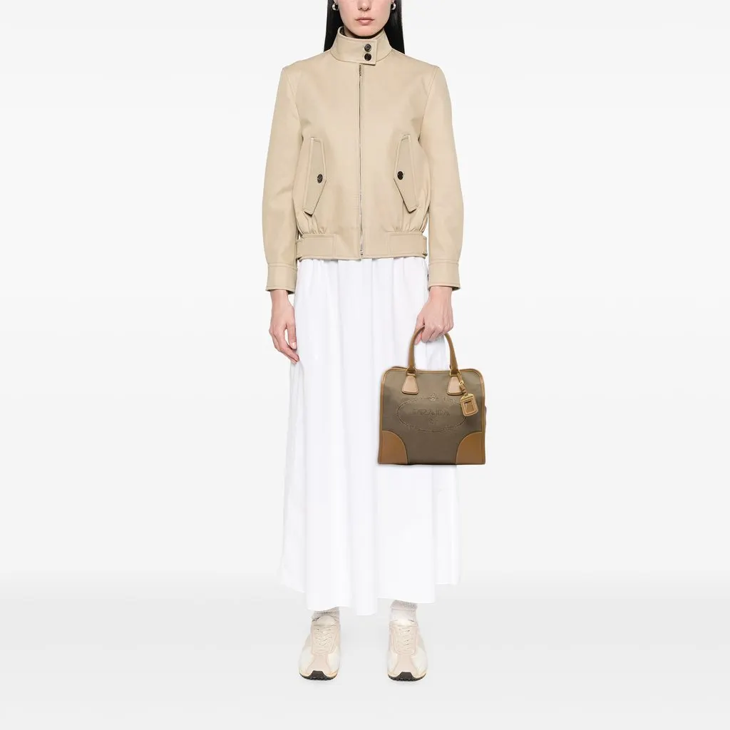 Prada Saffiano Trimmed Canvas Canapa Logo Satchel Brown Canvas Good - Box View