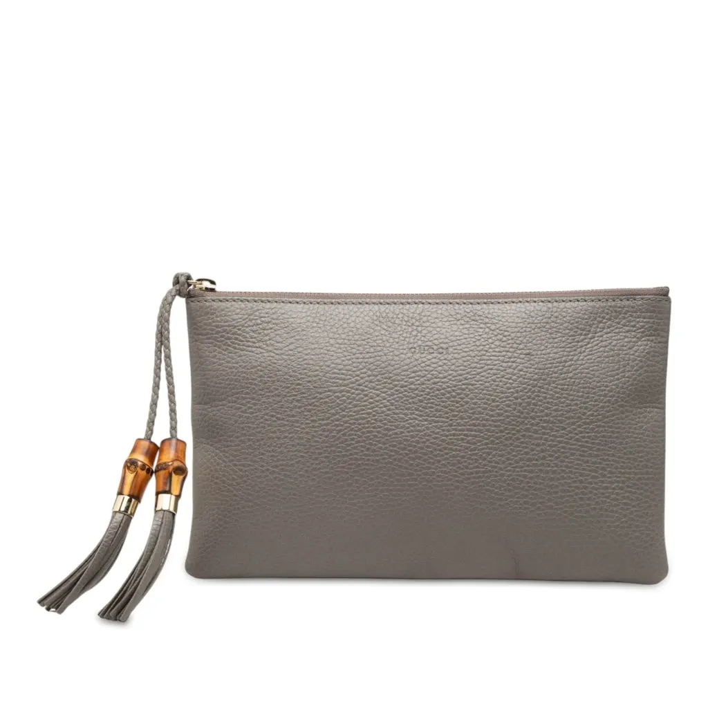 Gucci Calfskin Bamboo Clutch Grey Leather Very good - Front View