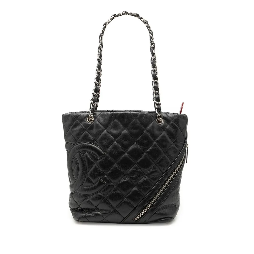 Chanel Small Quilted Aged Calfskin Cotton Club Tote Black Leather Good - Front View