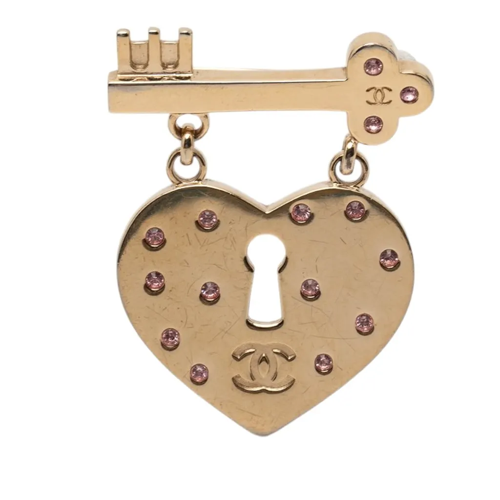 Chanel CC Gold Plated Heart Lock and Key Brooch Pin Gold Metal Very good - Front View