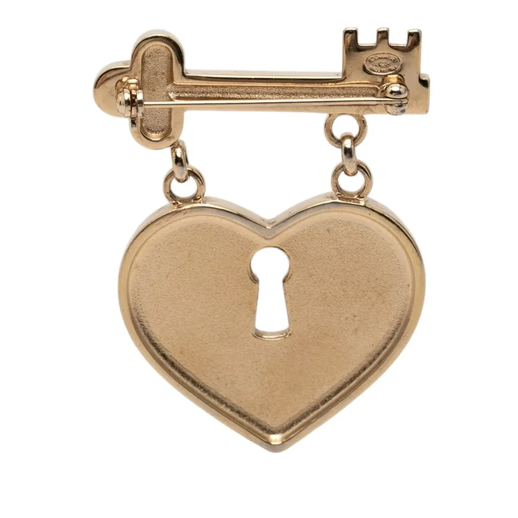 Chanel CC Gold Plated Heart Lock and Key Brooch Pin Gold Metal Very good - Back View
