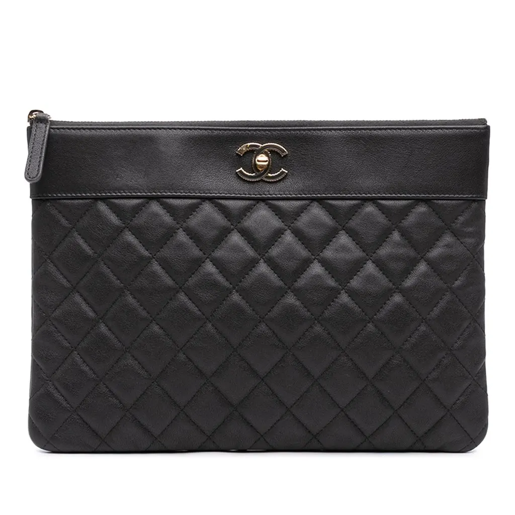 Chanel Medium Quilted Sheepskin Mademoiselle O Case Clutch Black Leather Very good - Front View