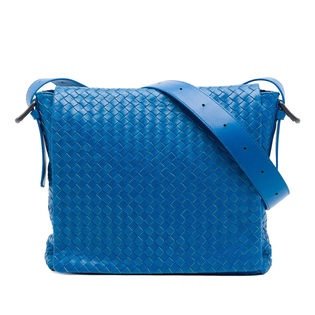 Bottega Veneta Nappa Intrecciato Flap Crossbody Blue Leather Very good - Front View