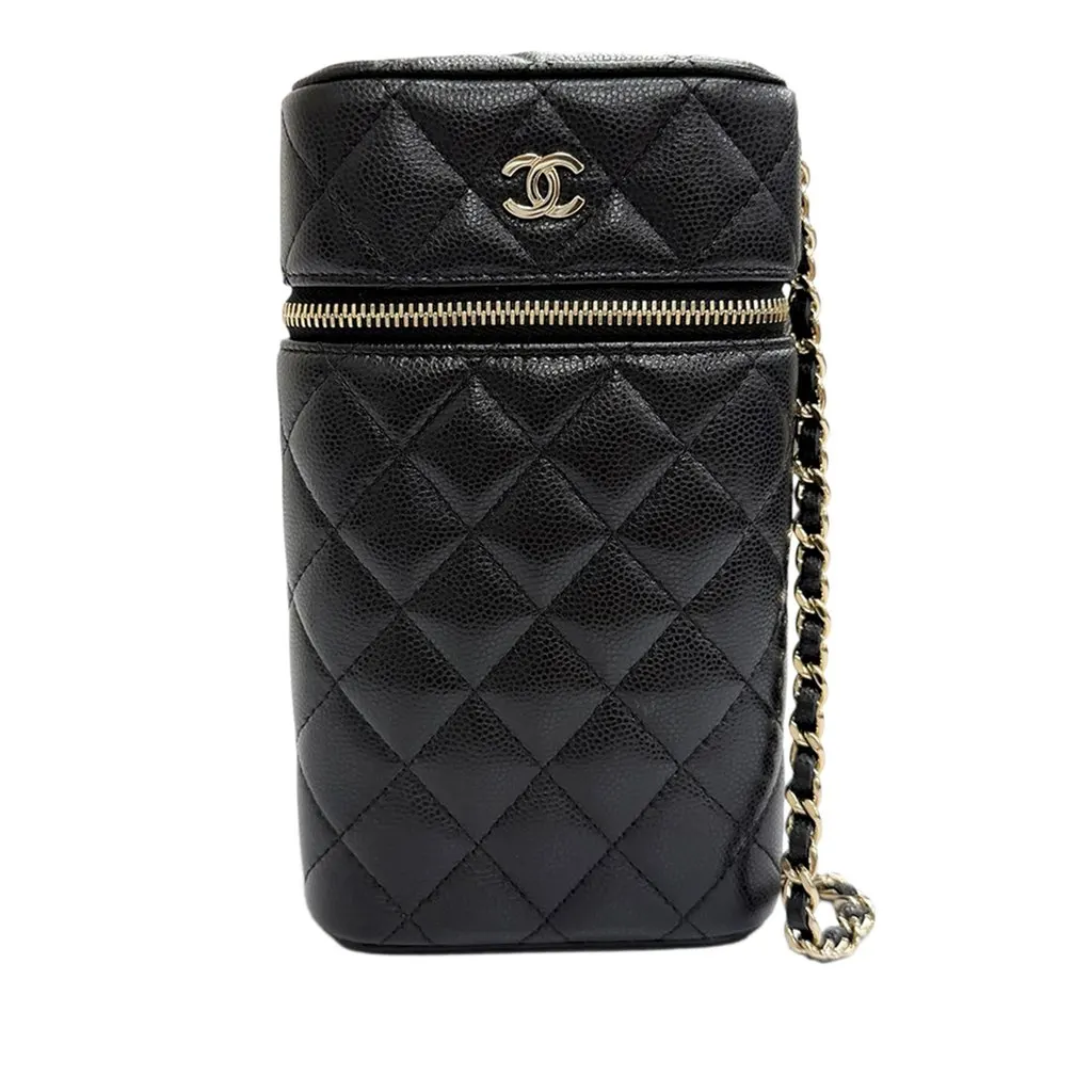 Chanel CC Quilted Caviar Phone Holder With Chain Black Leather Very good - Front View