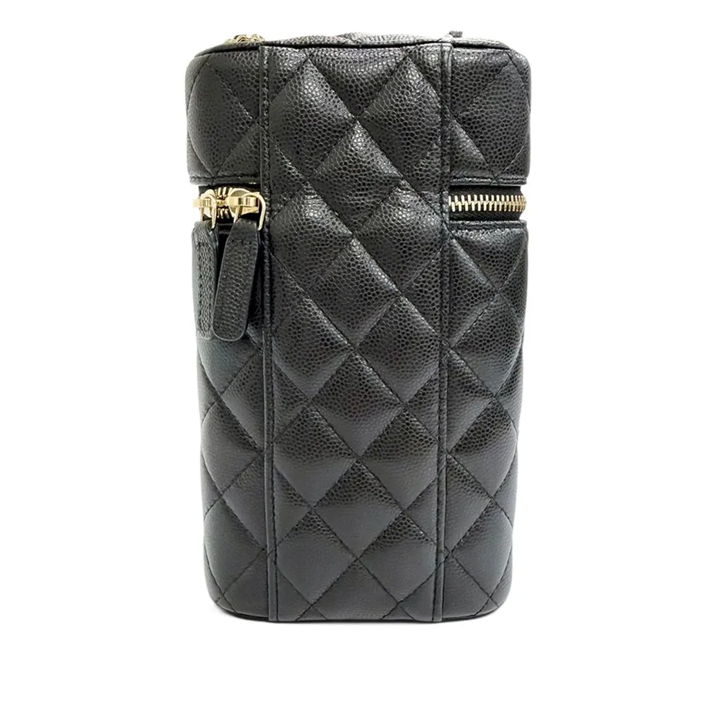 Chanel CC Quilted Caviar Phone Holder With Chain Black Leather Very good - Back View