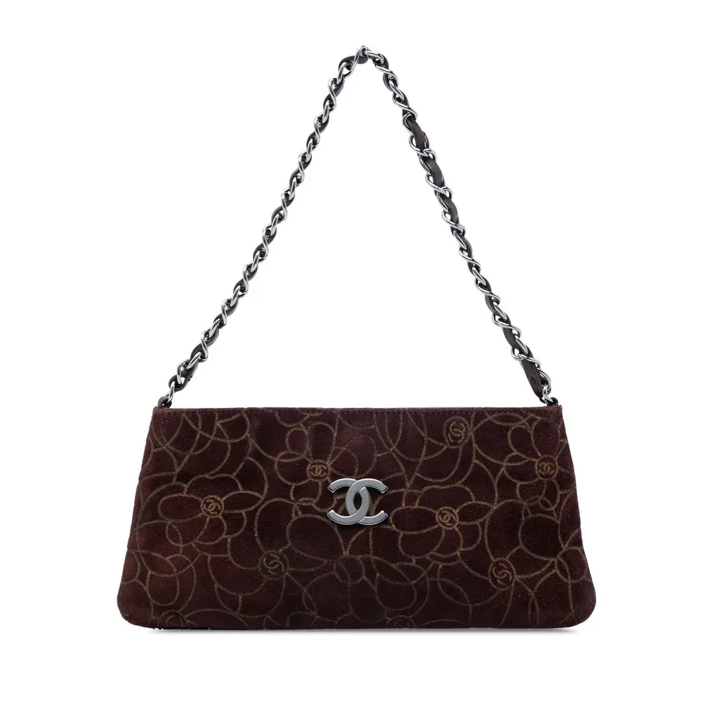 Chanel Embossed Suede Camellia Chain Pochette Brown Leather Very good - Front View