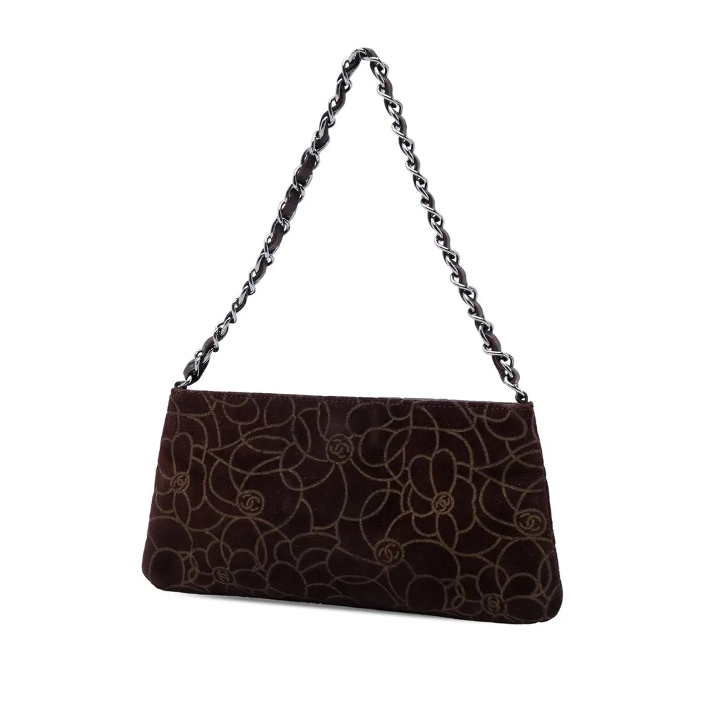 Chanel Embossed Suede Camellia Chain Pochette Brown Leather Very good - Back View