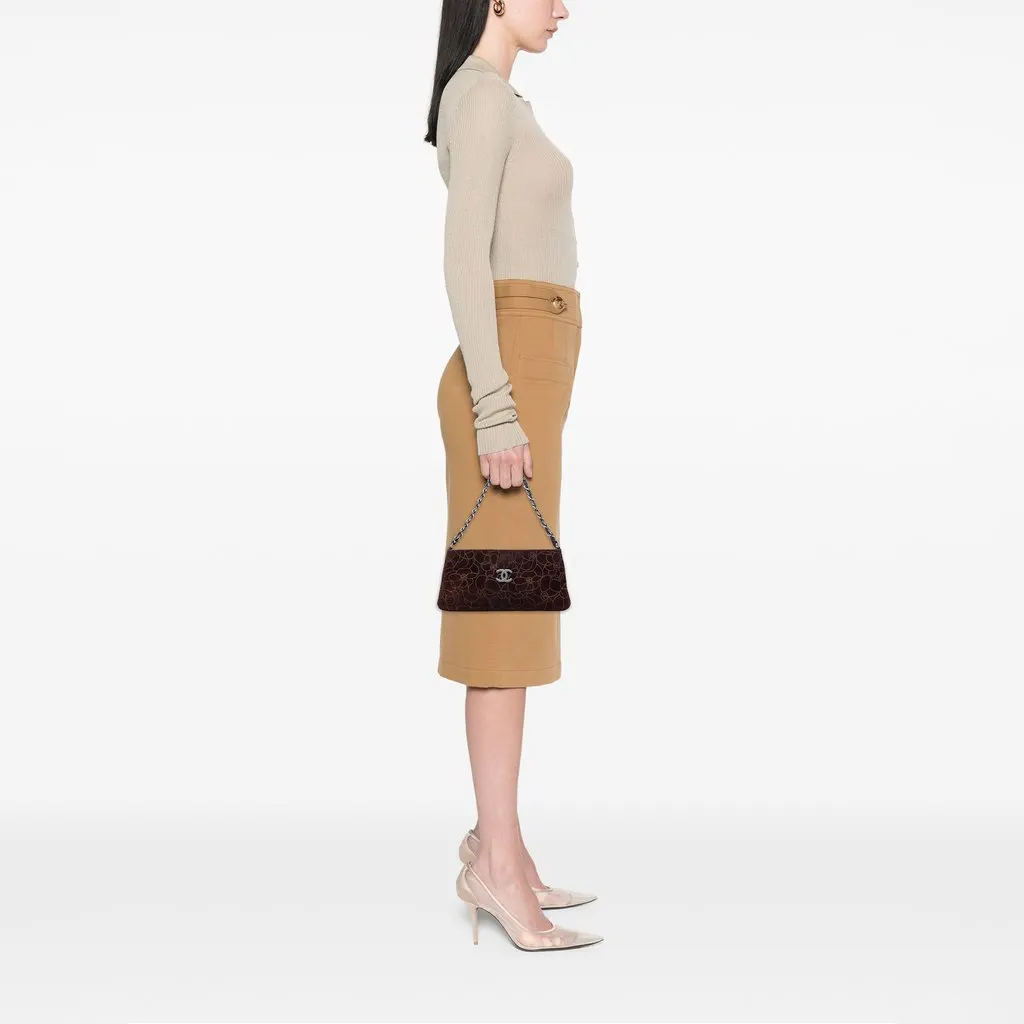 Chanel Embossed Suede Camellia Chain Pochette Brown Leather Very good - Box View