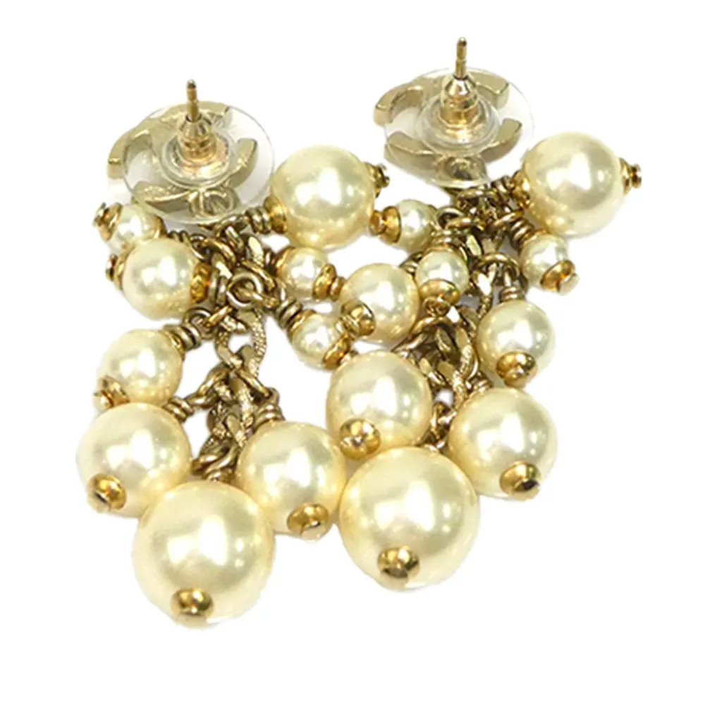 Chanel CC Gold Plated Faux Pearl Tassel Drop Push Back Closure Gold Metal Very good - Back View