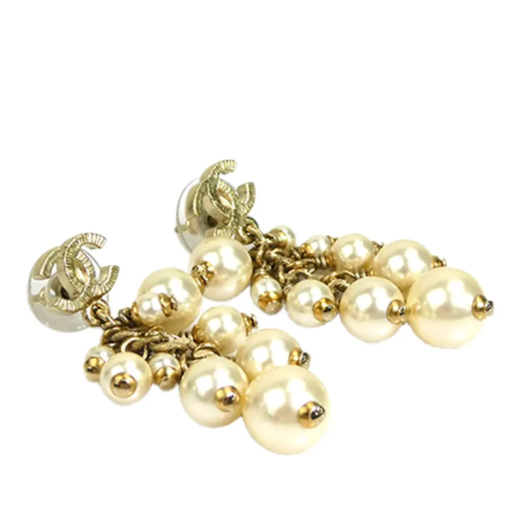 Chanel CC Gold Plated Faux Pearl Tassel Drop Push Back Closure Gold Metal Very good - Inside View