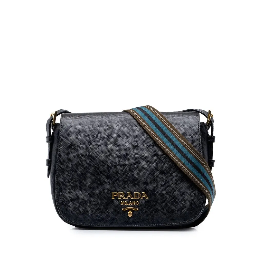 Prada Saffiano Flap Crossbody Blue Leather Very good - Front View