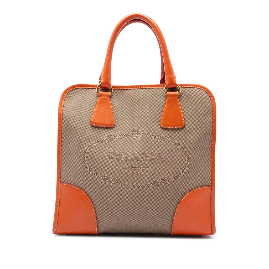 Prada Saffiano Trimmed Canvas Canapa Logo Satchel Brown Canvas Good - Front View