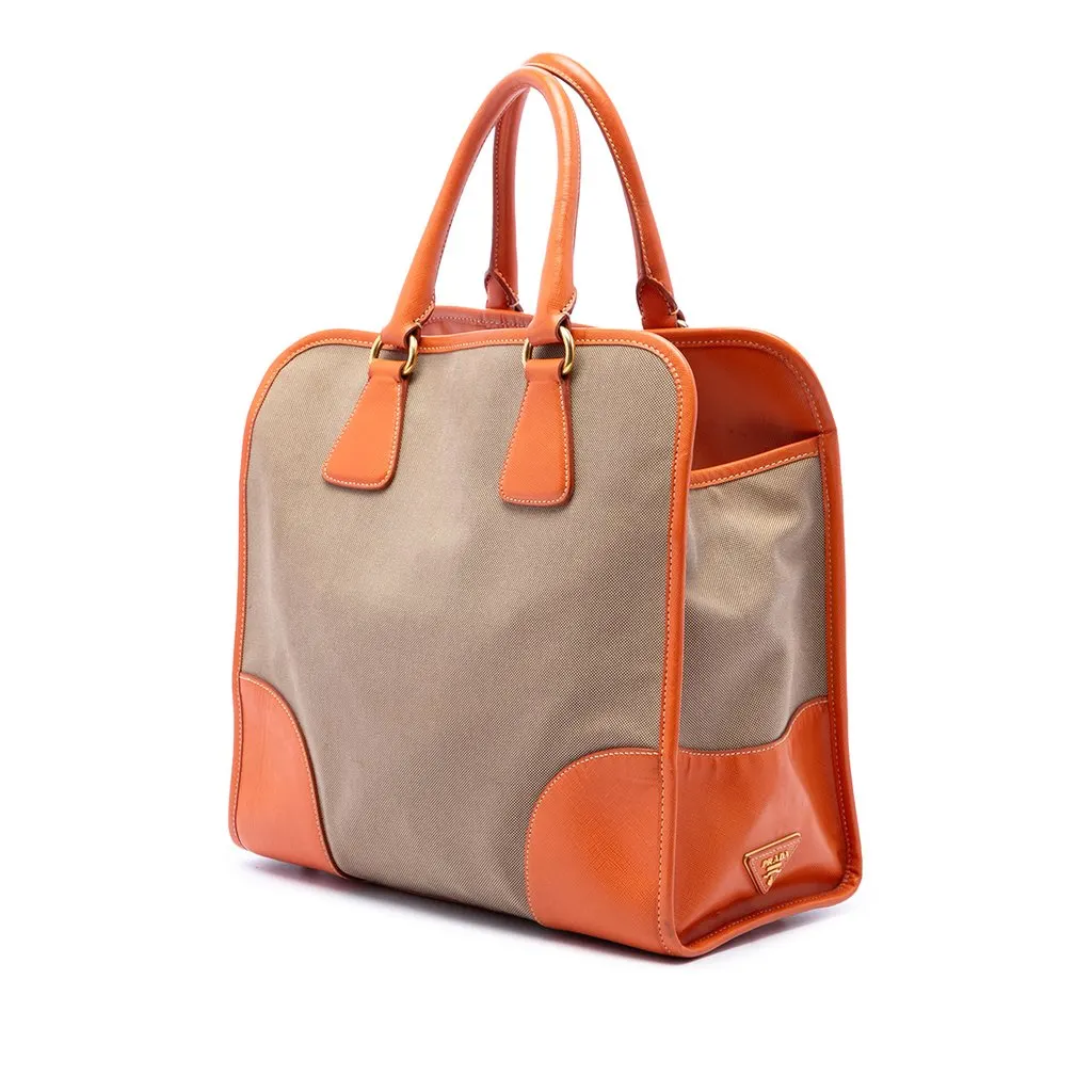 Prada Saffiano Trimmed Canvas Canapa Logo Satchel Brown Canvas Good - Back View